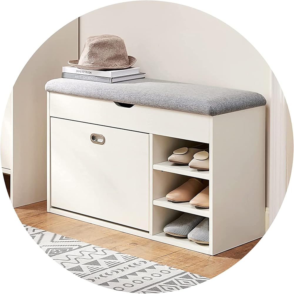Shoe Storage Bench Entryway Hallway Furniture, Shoe Cabinet Bench with Cushion, Shoe Rack Bench Tipping Bucket Shoe Cabinet, Entryway Living Room, Bedroom Shoe Organizer Shelf(White)