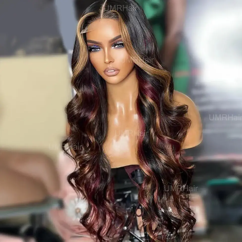 Black Red Blonde Highlights 13X6 Lace Front Wig Human Hair Loose Wave Glueless Burgundy Wig with Blonde Skunk Stripe Preplucked with Baby Hair 20inch 150Density
