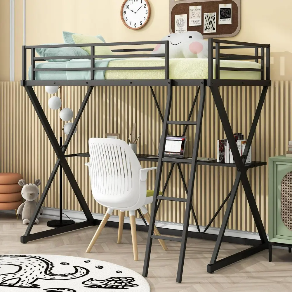 Euroco Steel Twin Loft Bed with Desk and Ladder, X-Shaped Frame, Black