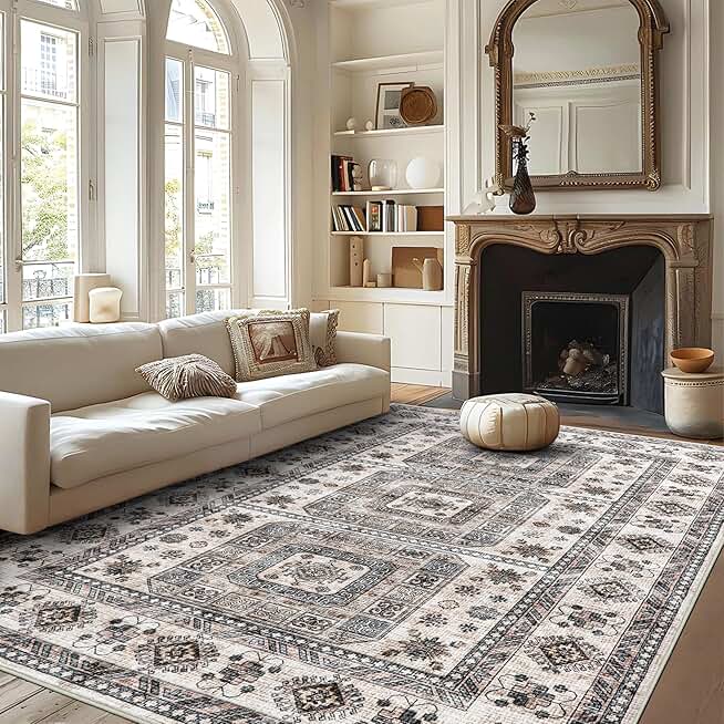 Vintage Washable Rug，9x12 Boho Area Rug for Living Room, Bedroom, Kitchen, Soft Non-Slip Foldable Indoor Rug, Sandy