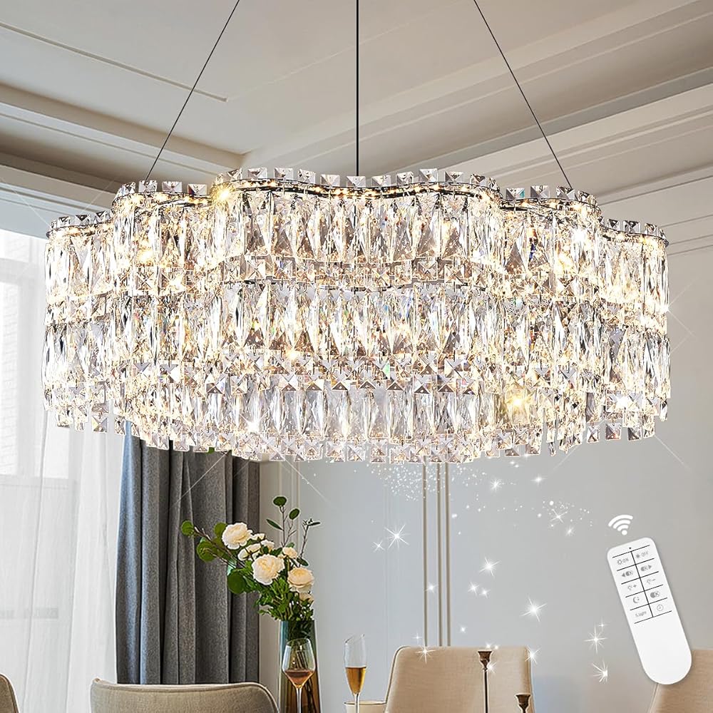 Modern Crystal LED Chandelier 32’’ with Remote Control Dimmable 3000-6500K Contemporary Chrome Luxury Chandeliers Light Fixture for Living Dining Room Bedroom Kitchen Island Foyer Entryway