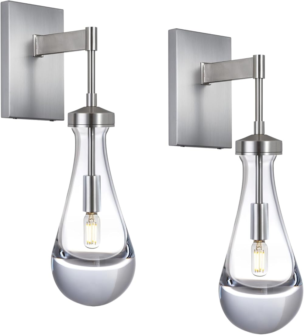 Nickel Wall Sconces Set of Two, Raindrop Glass Sconces Wall Lighting Bathroom Vanity Light Wall Lamp for Living Room, Wall Light Fixtures for Bedroom, Bulb Included