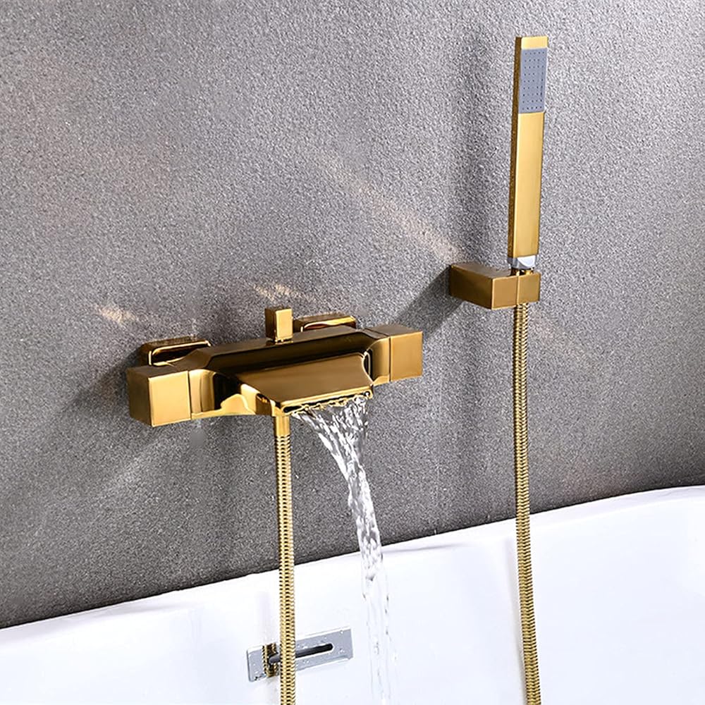 Waterfall Bathtub Faucet, Bathroom Concealed Wall Mount Mixer Tap, All Copper Double Handle Tub Filler Handheld Shower Set, with One-Button Water Switch,Gold,B