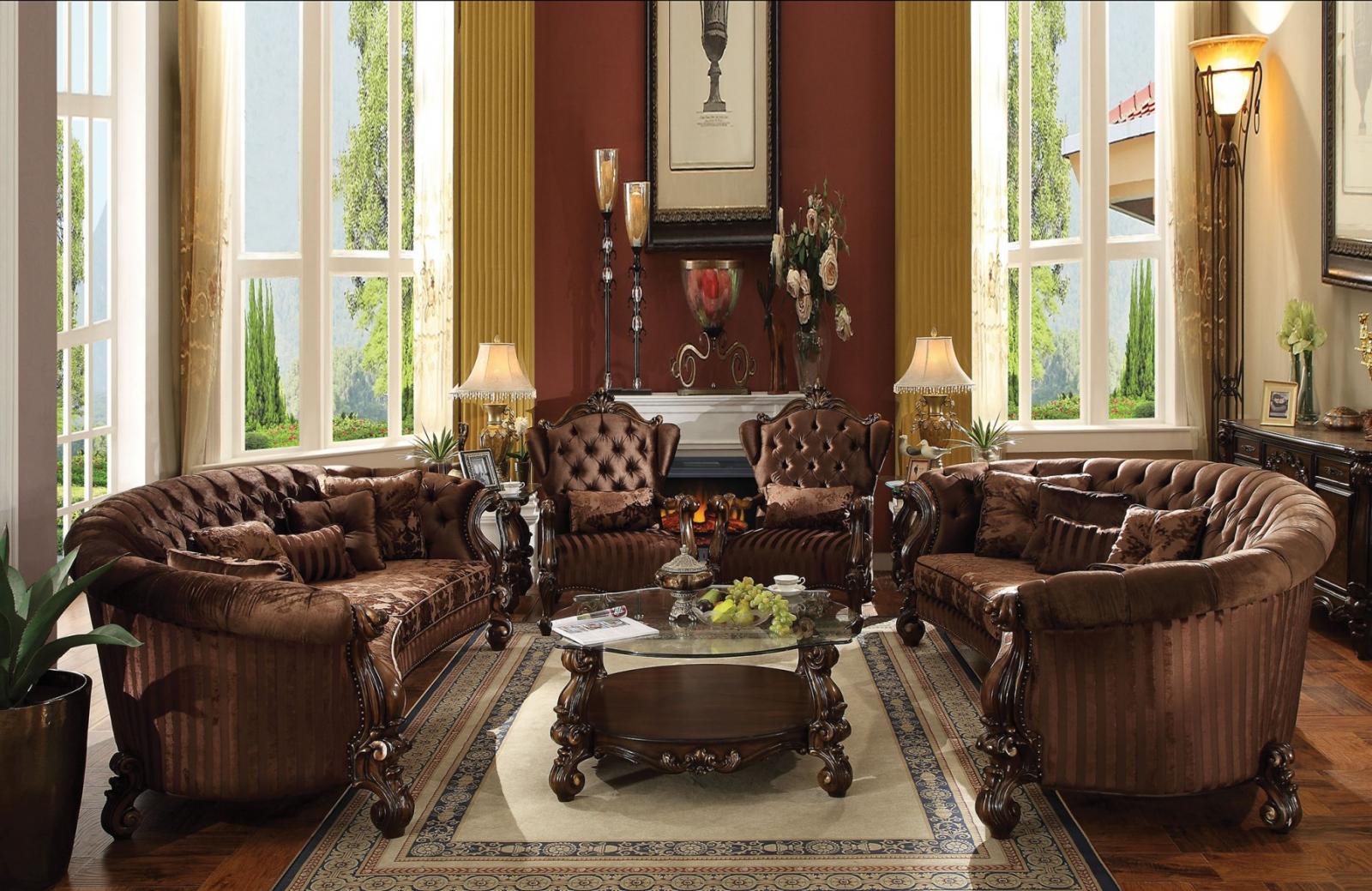 Acme Furniture 52080 Versailles Brown Velvet & Cherry Oak Living Room Set 4Pcs