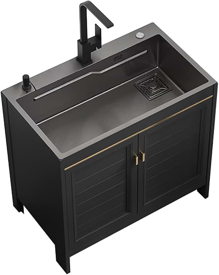 Black Kitchen Sink and Cabinet Combo Utility Sink Laundry Sink Cabinet Combo Stainless Steel Freestanding Sink with Hot Cold Water Tap for Garage Restaurant Kitchen Laundry Room. ( Color : Square head