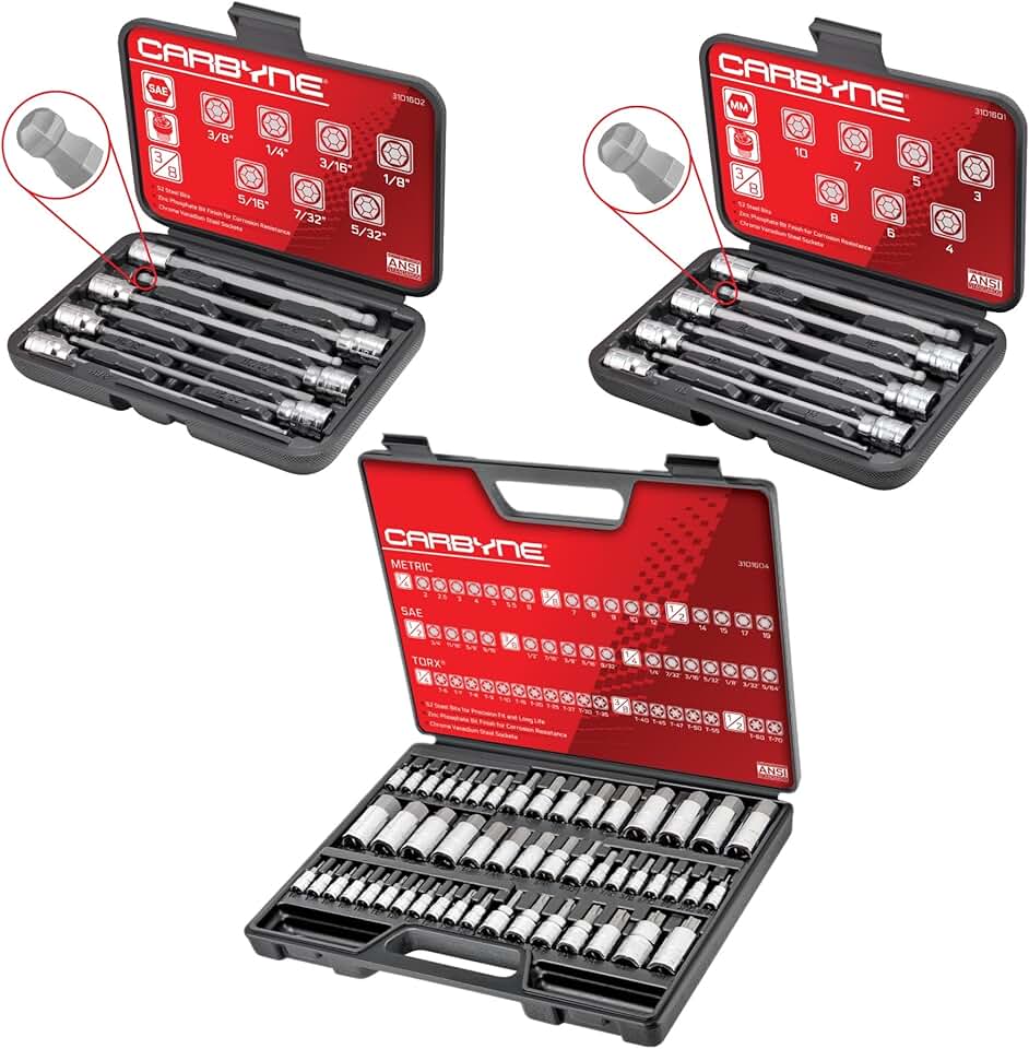 CARBYNE 50 Piece Master Torx, SAE & Metric Hex Bit Socket Set, AND 7 Piece Extra Long Hex Bit Socket Set - Metric, AND 7 Piece Extra Long Hex Bit Socket Set - SAE. 64 Pieces - Standard & Extra Long