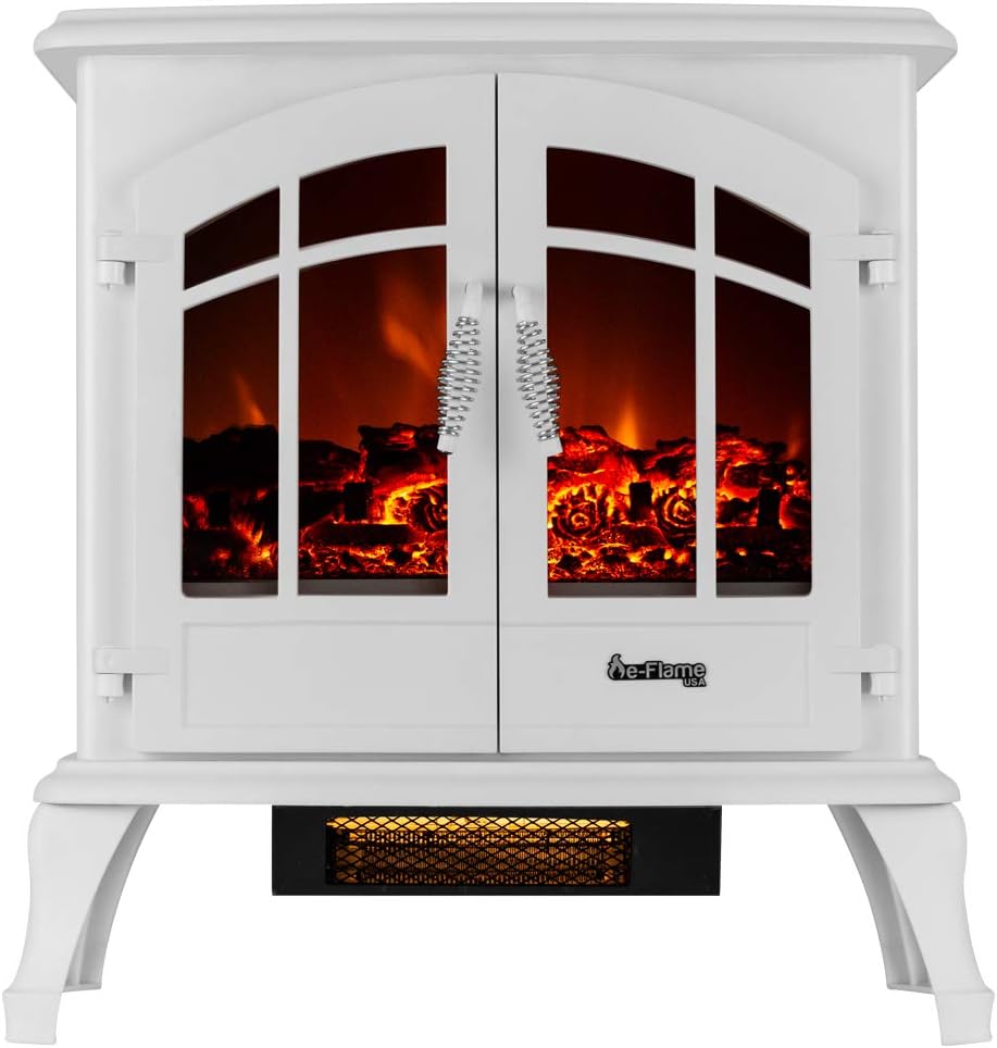 Jasper Freestanding Electric Fireplace Stove Heater - Realistic 3-D Log and Fire Effect (White)