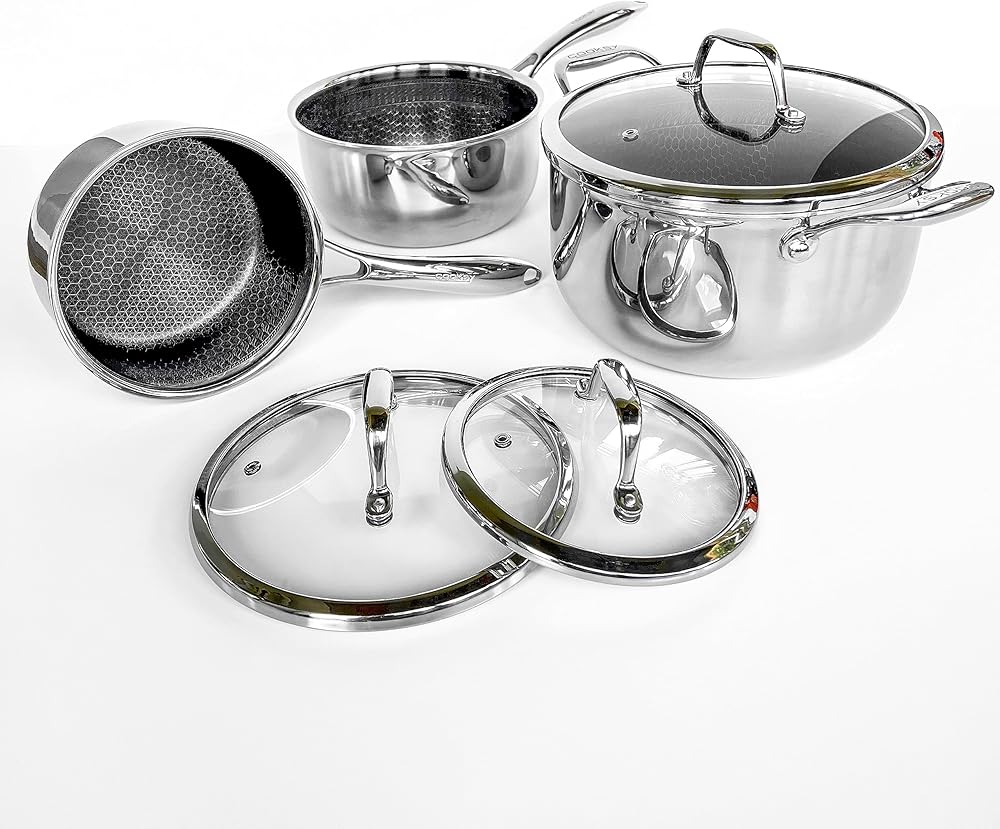 Cooksy 6 Piece Pot Set Hexagon Surface Hybrid Stainless Steel 1.5, 3, and 6 Quart Pots with Lids