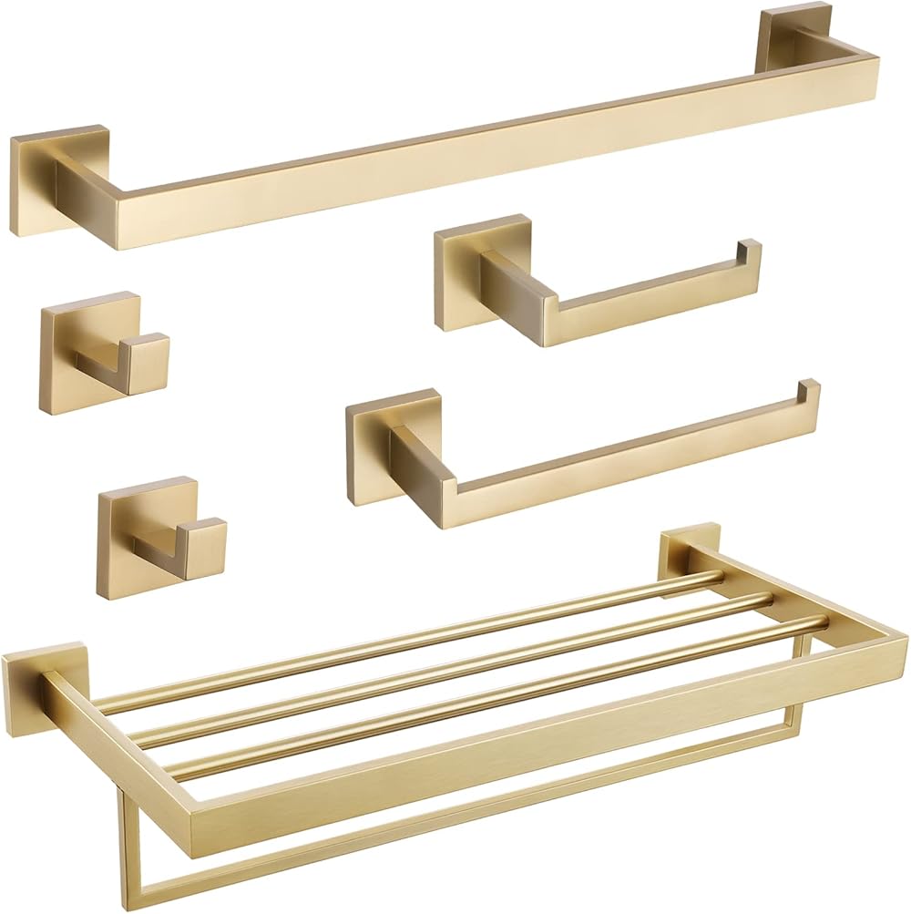 TURS 5-Pieces Bathroom Hardware Accessories SetBrushed Gold Towel Bar Holder Sets Bath Towel Rack