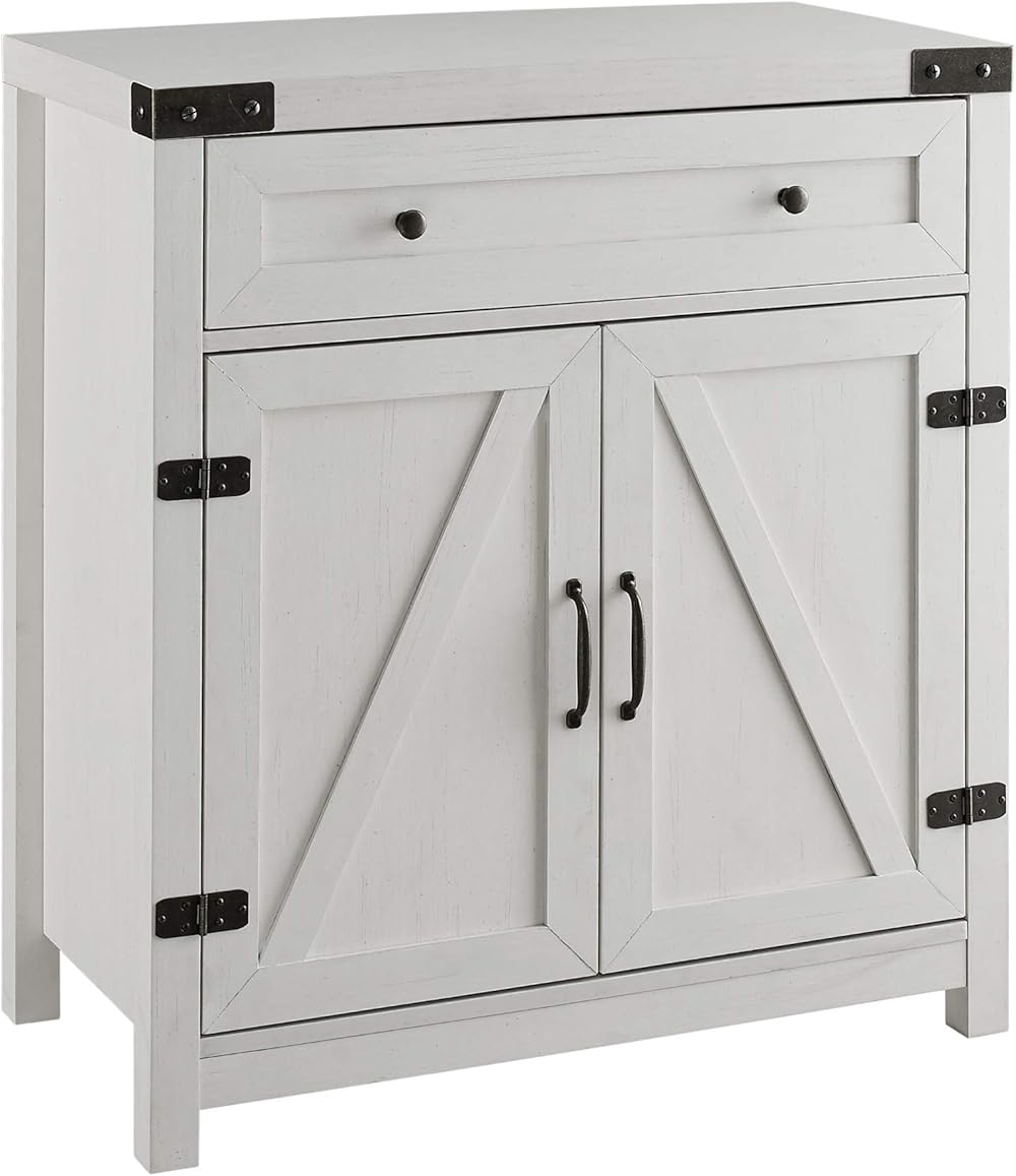 Walker Edison Farmhouse Double Barn Door Accent Kitchen Storage Cabinet Pantry with 1 Drawer, 30 Inch, Brushed white