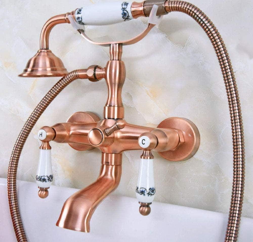 Faucet Antique Red Copper Bathroom Clawfoot Bath Tub Faucet Mixer Tap Ceramic Handle Hand Shower Head