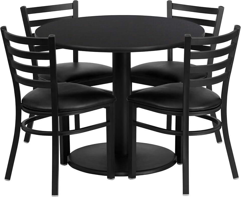 Flash Furniture 36'' Round Black Laminate Table Set with Round Base and 4 Ladder Back Metal Chairs - Black Vinyl Seat