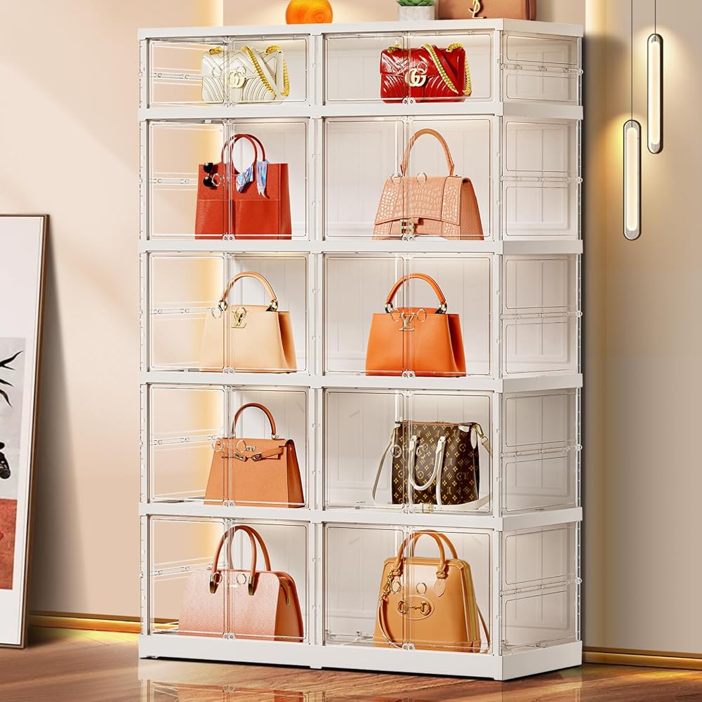 10 Cube Clear Purse Storage Organizer for Closet,Large Luxury Handbag Display Shelf With Wheels,Foldable Plastic Bag&Shoe Cabinet With Doors