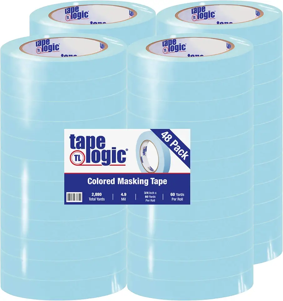 Aviditi Tape Logic 3/4 Inch x 60 Yards, General Purpose Colored Masking Tape, Light Blue (Pack of 48) - Great for Home, Office, Arts, Crafts, DIY, Labeling and Coding