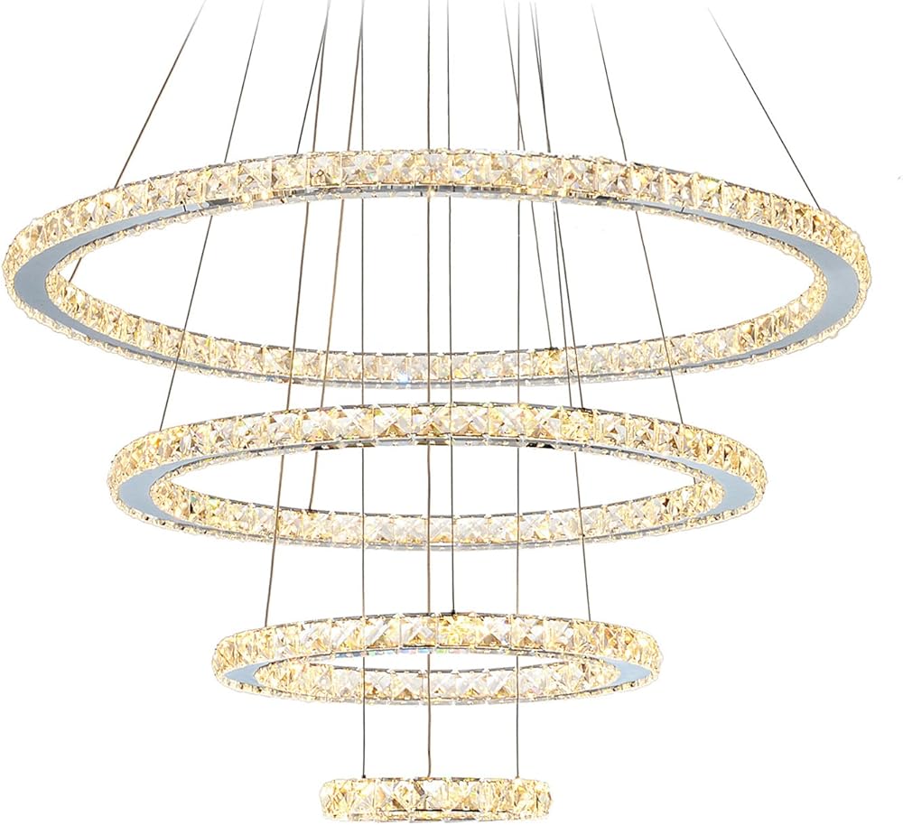 LED Crystal Chandeliers Modern Ceiling Lights Light Fixtures Pendant Lighting Dining Room Chandelier Contemporary Adjustable Stainless Steel Cable 4 Rings D31.5+23.6