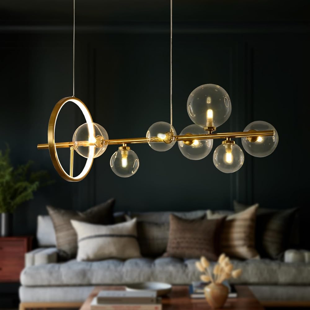 Mid Century Bubbles Pendant Light Gold Kitchen Island Lighting Linear Chandelier with 7-Light Glass Globe Hanging Sputnik Ceiling Light Fixtures for Dining Room Living Room Bar