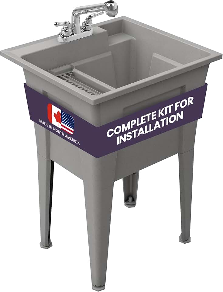 Utility Sink with Two-Handle Chrome Plastic Faucet – Polypropylene Laundry Sink, Grey Garage Sink, Indoor and Outdoor Use – Complete Sink Set by Noah William Home (24” X 22” X 34” 19.5 Gallons)