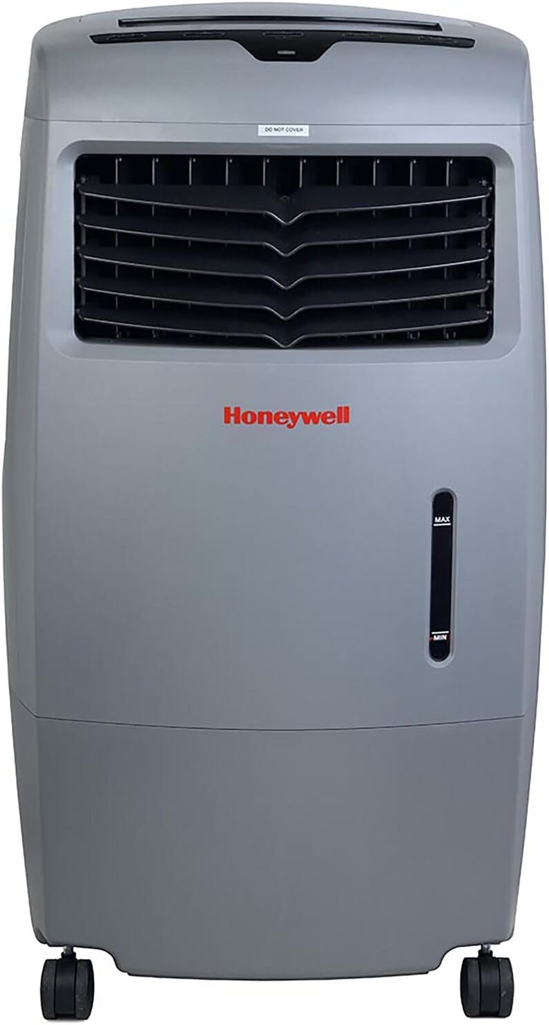 Honeywell 500 CFM Indoor or Outdoor Portable Evaporative Cooler, Fan, and Humidifier for Living Room, Patio, Garage, Deck, and Bedroom, 115V, Swamp Cooler for Rooms up to 300 Sq. Ft. with Remote, Gray