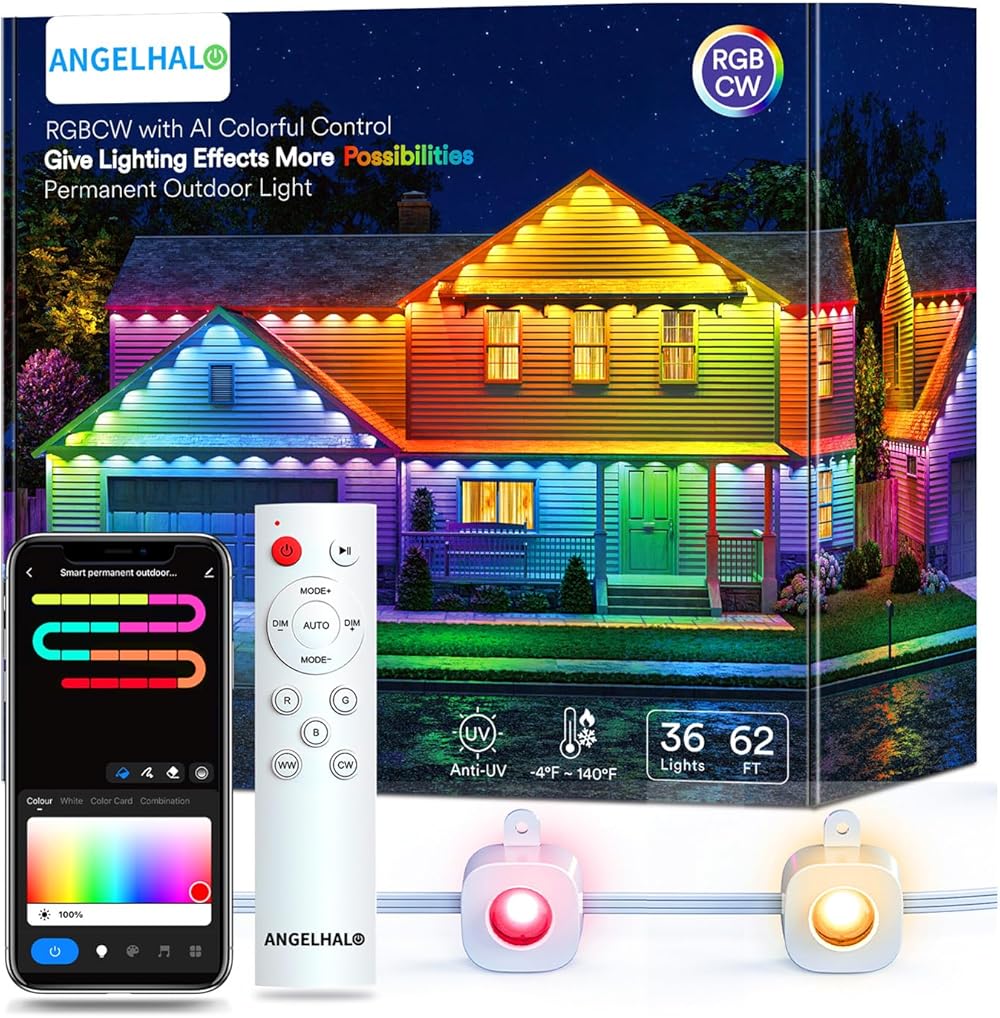 Permanent Outdoor Lights, 50ft Smart RGBAI Outdoor Lights with 72 LED Lights, Cold/Warm Eaves Lights IP67 Waterproof for Outdoor Decor, Garden Decor, Compatible with Alexa, Google Assistant