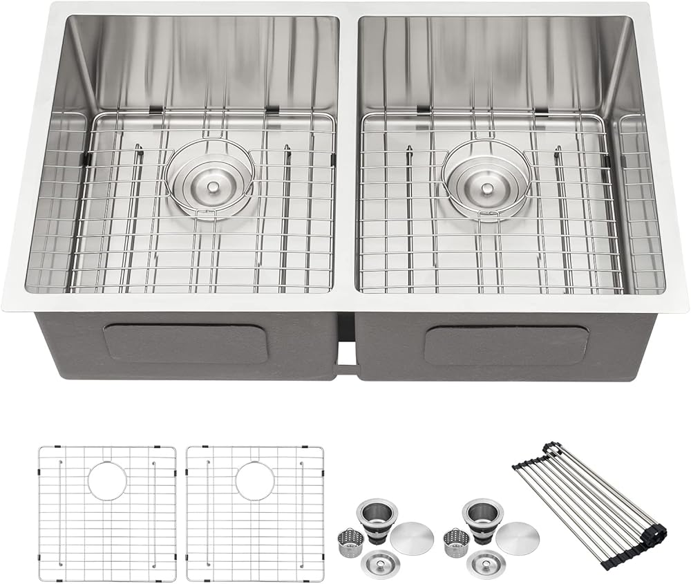 33 Undermount Sink Double Basin - Lofeyo 33 x 19 Stainless Steel Kitchen Sink 16 Gauge Round Corner Double Bowl 50/50 Divide Undermount Sink Basin