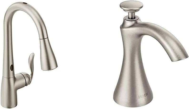 Moen Arbor Motionsense Two-Sensor Touchless One-Handle Pulldown Kitchen Faucet Featuring Power Clean & Transitional Deck Mounted Kitchen Soap Dispenser with Above The Sink Refillable Bottle