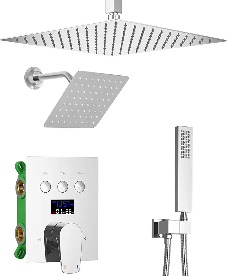 Shower Faucet Set Chrome Shower System Push Button Diverter Shower Faucet Fixtures with Handheld, 12 Inch Ceiling Mount Shower Head with 8 Inch Wall Mount Shower Head