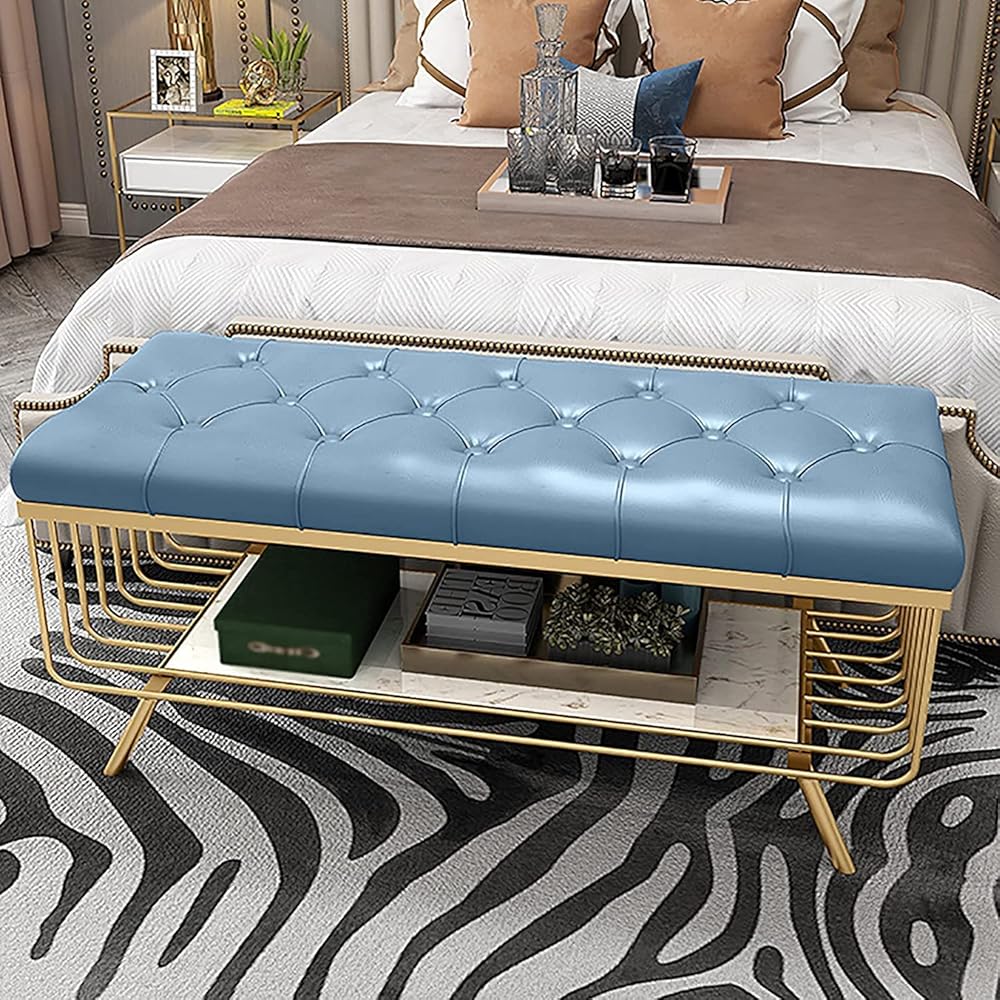 Shoe Storage Bench Entryway Hallway Furniture, Nordic Shoe Stool with Metal Frame Simple Modern Doorway Shoe Stool with Soft PU Cushion Sofa Stool for Living Room, Hallway, Bedroom(Light Blue,80*35*45