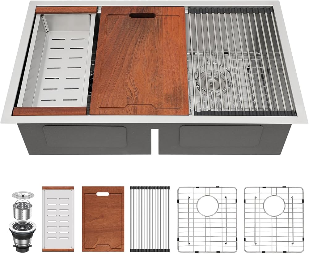 Lordear 36 Inch Undermount Kitchen Sink Double Bowl Stainless Steel Kitchen Sinks 50/50 Low Divided 16 Gauge Undermount Kitchen Sink 36x19x10 Inch