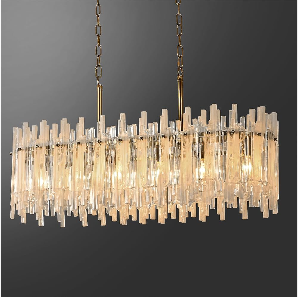 Modern Crystal Chandeliers for Dining Room, 6-Lights Brass Gold Rectangle Chandelier, Rectangular Dining Room Over Table Chandelier Pendant Light for Dining Room Kitchen Island