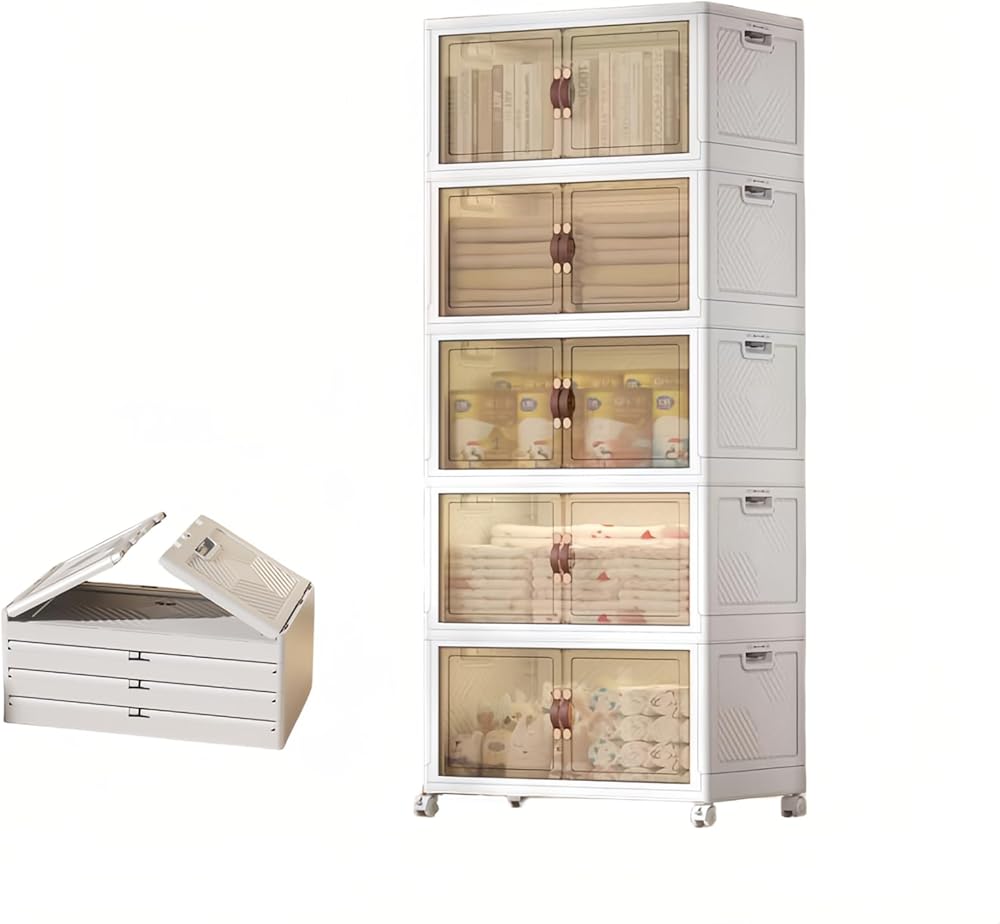 Storage Bins with Lids and Wheels, Large Collapsible Plastic Organizer Bins, 5 Layer 165 Gal Stackable Folding Storage Boxes with Pulleys Dual Open Door for Home Closet and Office