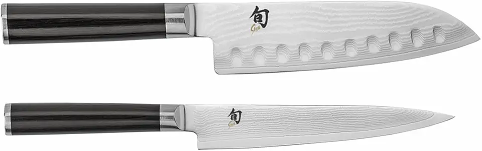 Shün Classic 2-Piece Knife Set, 7-inch Santoku Hollow Ground Knife and 6-inch Utility Knife