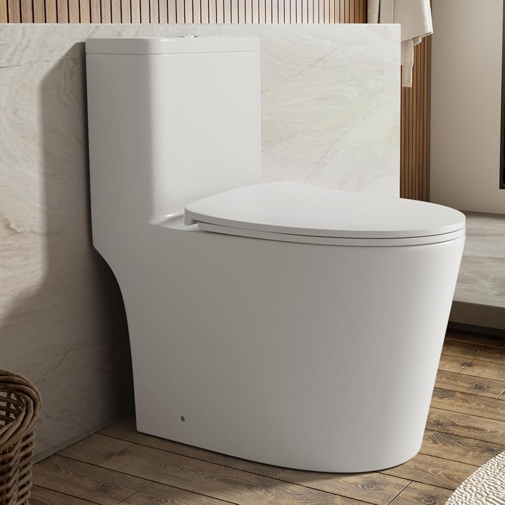 Dual Flush Elongated Standard One Piece Toilet with Comfortable Seat Height, Powerful & Quiet Dual Flush Modern Toilet, 12'' Rough-In, Glossy White，6636