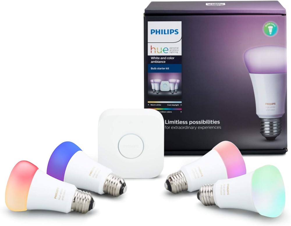 A19 LED Smart Bulb Starter Kit, 4 A19 Bulbs, 1 Hue Hub, Multi-color, 5 Piece Set