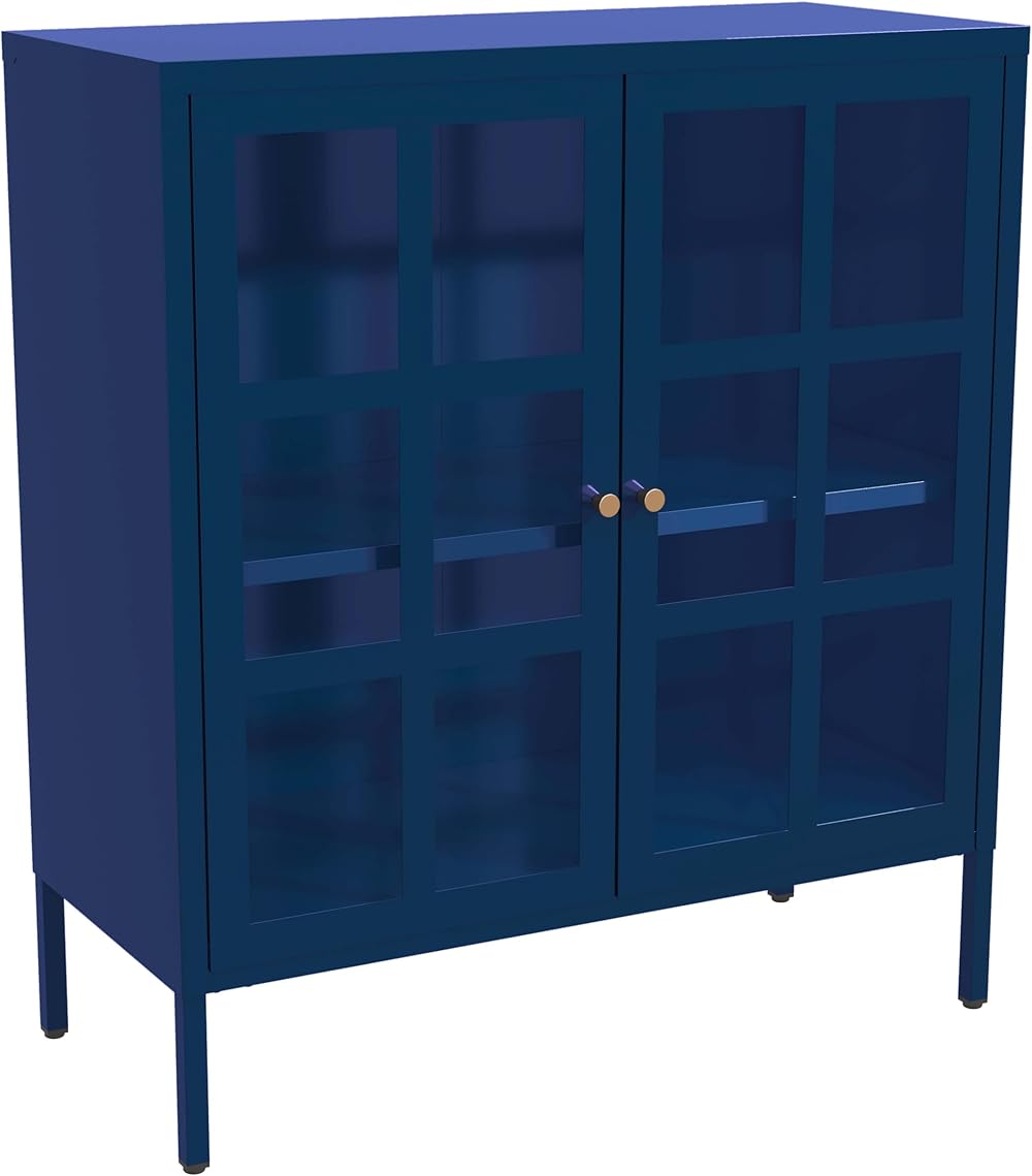 Metal Sideboard Buffet Cabinet with Glass Doors Buffet Cabinet with Adjustable Shelves Sideboards and Buffets with Storage Freestanding Metal Storage Cabinet for Kitchen Living Room Blue