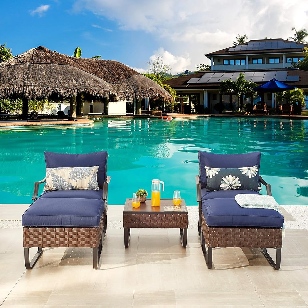 LOKATSE HOME 5 Piece Rattan Outdoor Conversation Set Patio Furniture Sofa PE Wicker Cushioned Chairs Balcony Porch with Ottoman and Coffee Side Table, Blue