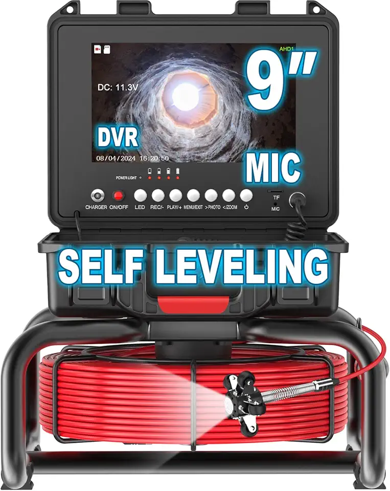 Self Leveling Sewer Camera 100Ft, Sewer Inspection Camera with 9'' 1080P Screen & DVR, IP68 Waterproof Drain Pipe Camera Plumbing Camera Borescope Camera with Light, 16GB Card(Red Cable)