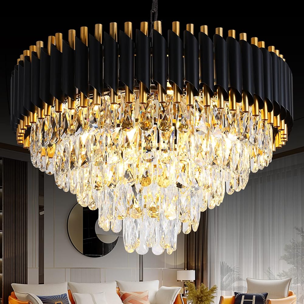 Gold Modern Crystal Chandeliers 5-Tier K9 Round Crystal Chandeliers Light Fixture 12 Lights Black Large Crystal Chandeliers Ceiling Light Fixture for Dining Room Living Room Bedroom Entryway W24in