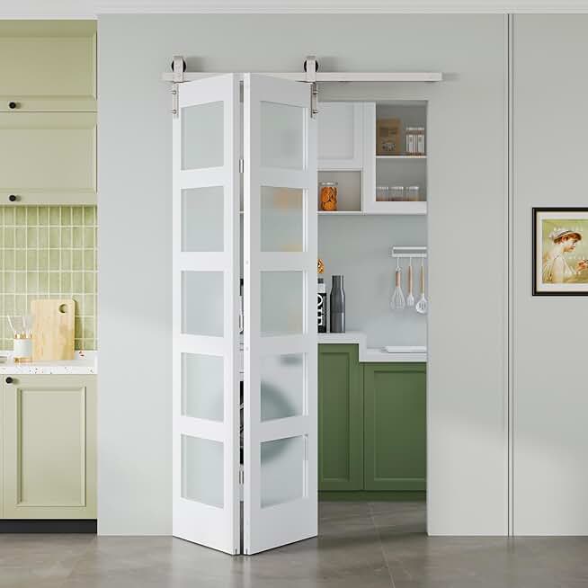 Double 24x84 Inch Glass Barn Doors with 52 Inch Brushed Nickel Bifold Hardware Track Kit