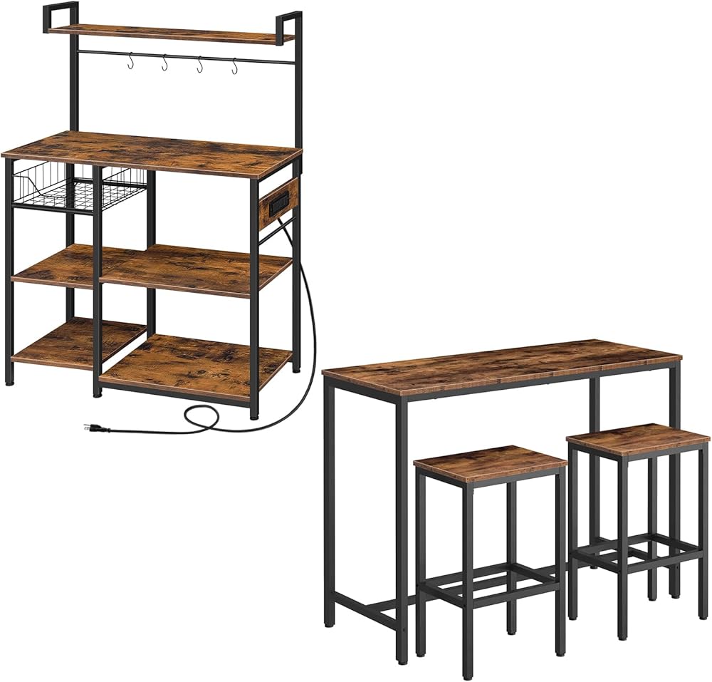 Kitchen Bakers Rack, Bar Table and Chairs Set, 47.2” Rectangular Pub 2 Stools BF05HB01-BF52BT01