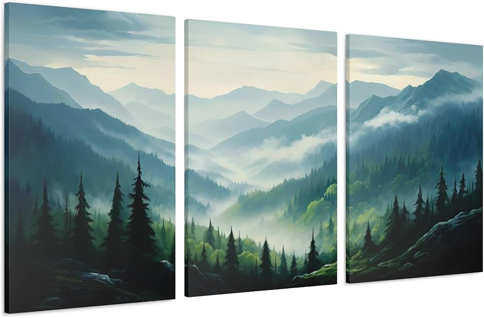 Triptych Mountain Painting Canvas Set of 3 Emerald Green Forest Decor Nature Inspired Artwork Large Wall Art Living Room Bedroom Decor Set of 3: 24x36 / Canvas Gallery Wrap