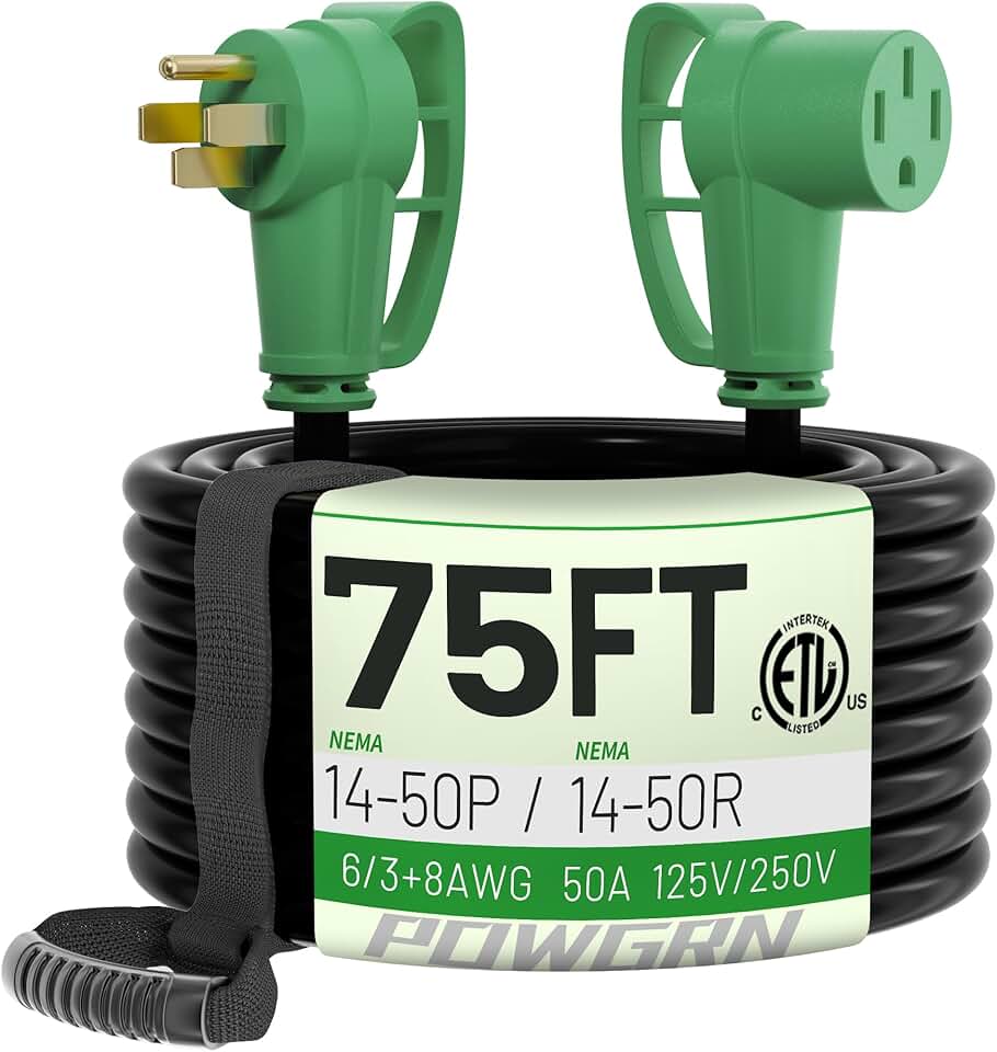 50 Amp RV/EV Extension Cord 75 FT Outdoor with Grip Handle, Flexible Heavy Duty 6/3+8/1 Gauge STW 4 Prong RV Power Cord Waterproof, NEMA 14-50P to 14-50R, Black-Green, ETL Listed.