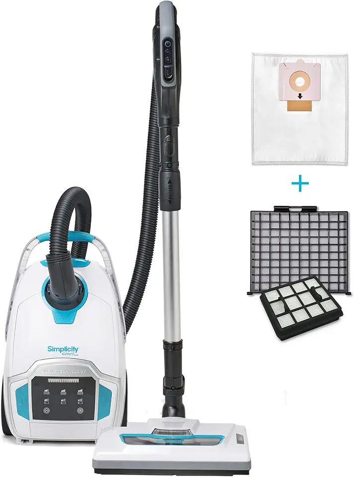 Simplicity Vacuums Scout Plus Vacuum Cleaner Bundle with Filter and Bags, Bagged Vacuum Cleaner with Digital Suction Control and Turbo Nozzle, Replacement Vacuum Filter Set and Bags