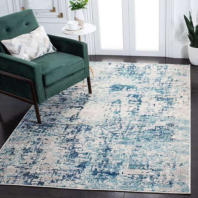 SAFAVIEH Madison Collection 9' x 12' IvoryTurquoise MAD471A Modern Abstract Non-Shedding Living Room Bedroom Area Rug