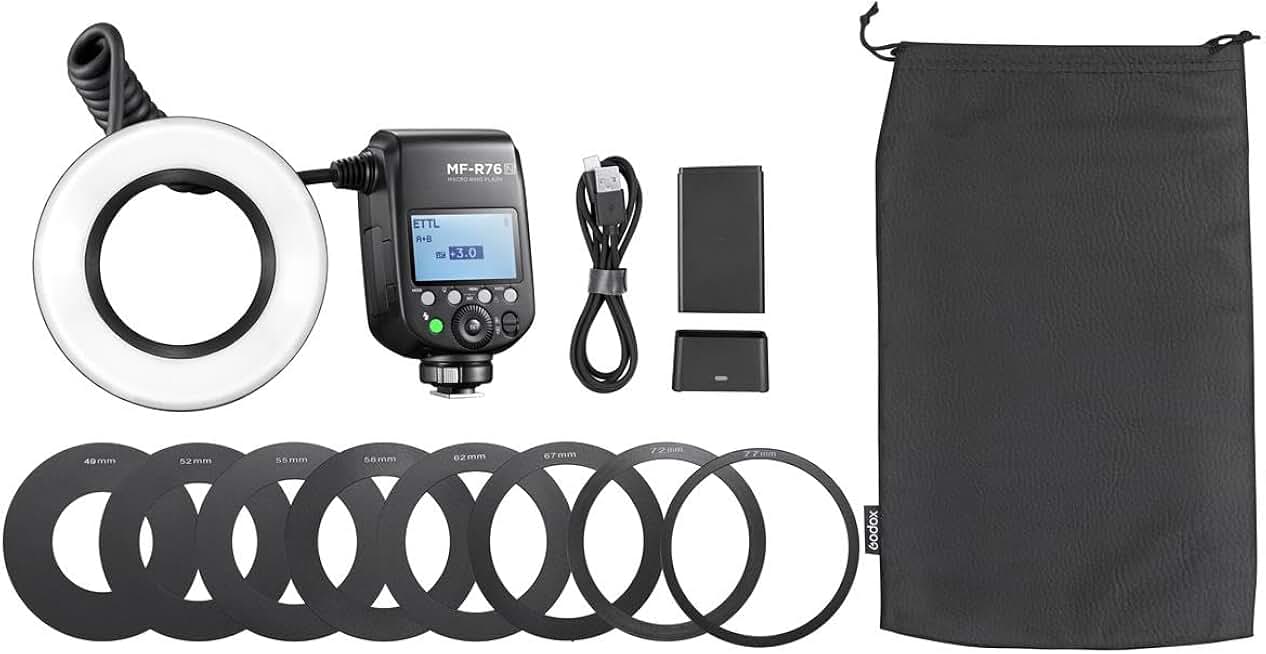 Flashpoint MF-R76 TTL Macro Ring Flash for Nikon Camera, Power Adjustment, 0.1-1s Recycle Time, 76Ws Macro Flash Ring Powered by 7.2V/3000mAh Rechargeable Li-Ion Battery, 550 Full-Power Flashes