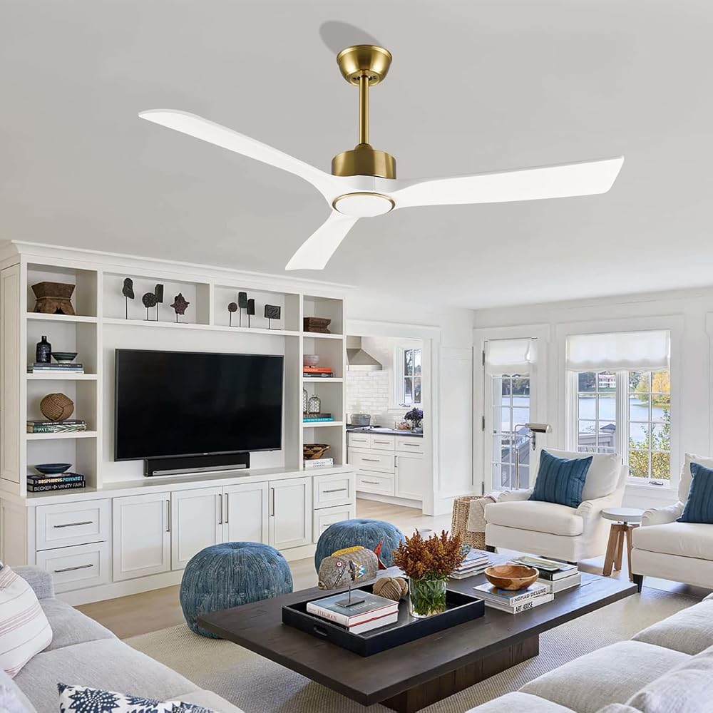 52 Inch Gold and White Ceiling Fan with Lights and Remote - Reversible Wood Blades, Silent Operation, Warm Soft Light, Suitable for Indoor and Outdoor Space