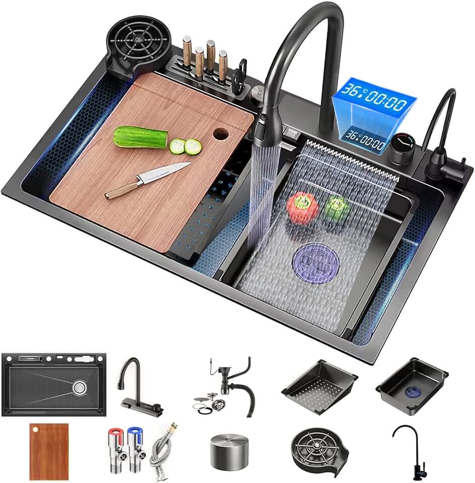 Kitchen Sink, Waterfall Smart Sinks Drop In Workstation with Cup Washer, 31.5 Inch Stainless Steel Undermount Single Bowl Basin with All Accessories, Household Sinks for RV,Prep Kitchen,and Bar Sink