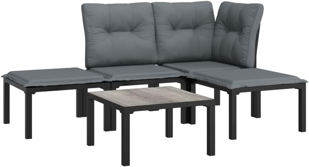 vidaXL Patio Lounge Set 5 Piece, Outdoor Patio Furniture with Coffee Table, Conversation Set with Footstool, Modern Style, Black and Gray Poly Rattan
