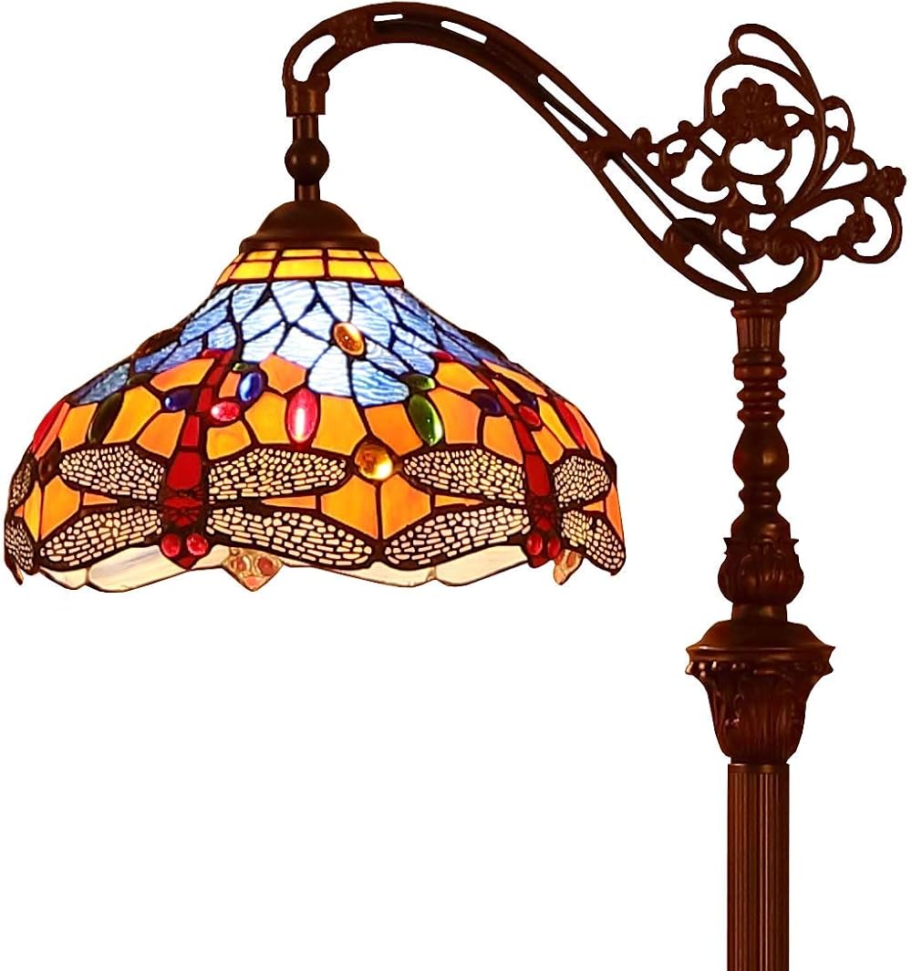 Bieye L10702 Dragonfly Tiffany Style Stained Glass Floor Reading Lamp with 12 Inch Wide Lampshade Metal Base, Adjustable Light Direction, 62 inch Tall, Blue Orange