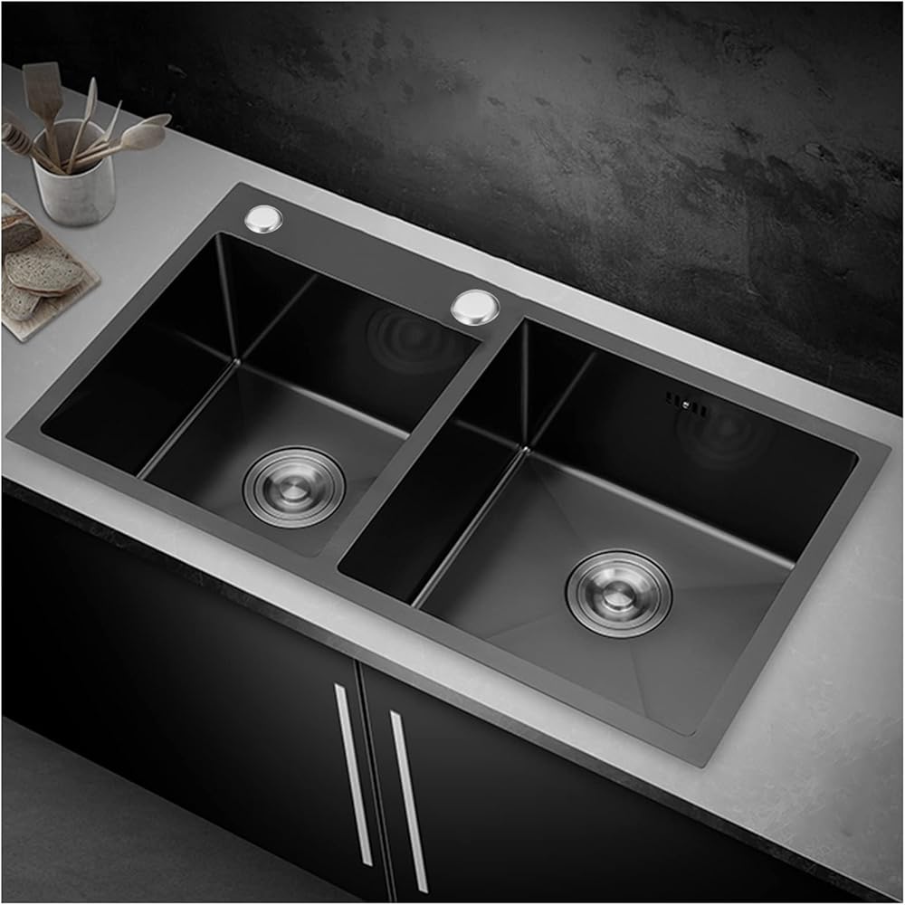 Black Nano Double Bowl Kitchen Bar Sink 304 Stainless Steel Square Bar & Prep Sink RV Sink with Downpipe and Drain Top Mount Or Undermount (Color : Black, Size : 85x48x22cm)