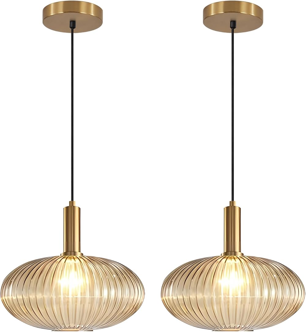 KCO Lighting Amber Glass Globe Pendant Lights Set of 2 Antique Brass Kitchen Pendant Light 1-Light Vintage Glass Pendant Lights Gold Ceiling Hanging Pendant Light 2 Pack